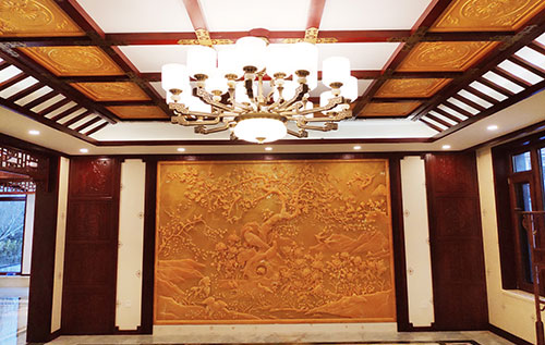 管城回族中式别墅客厅中式木作横梁吊顶装饰展示